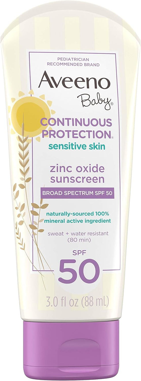 Aveeno Baby SPF 50 Continuous Protection Zinc Oxide Mineral Sunscreen Lotion, 3 fl. Oz, Travel-Size