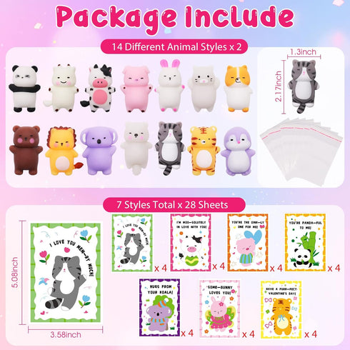 Qudoustar 28 Pack Valentines Day Gifts for Kids School with Kawaii Mochi, Stress Relief Fidget Toys with Valentines Day