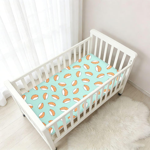 Jynexis 52x28 Japanese Sushi Salmon Teal Pattern Baby Crib Sheets, Cotton Fitted Crib Sheet, Soft Breathable, Fits