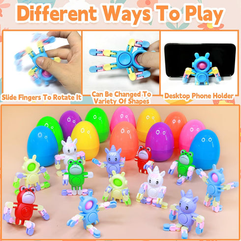 12 Pack 3.8'' Jumbo Filled Easter Eggs with Toys Transformable Animal Bunny Unicorn Fidget Spinners ,Easter Basket
