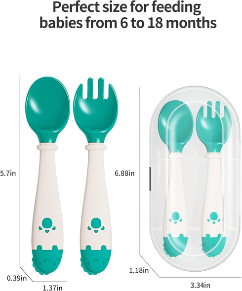 Deejoy Toddler Utensils with Travel Case, Silicone Bendable Handle Baby Spoons and Forks Set for Self Feeding, Green