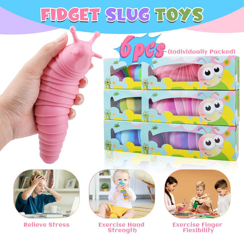 6 3+ Cevioce Sensory Slug Fidget Toys, Adults & Kids Party Favors, Autism Sensory Toys for Year Olds - Blue
