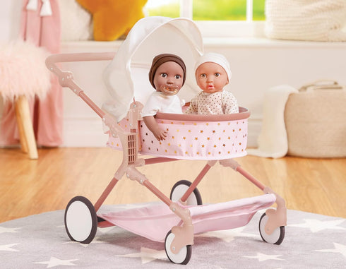 14-Inch 2+ LullaBaby Accessories Pink Toy Stroller with Gold Stars for Twins Foldable Canopy, Swivel Wheels & Storage