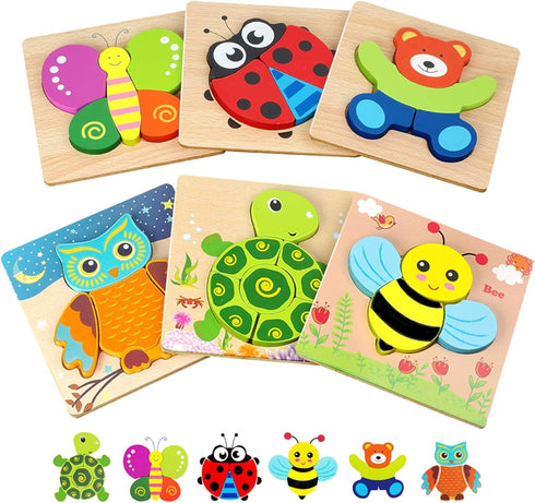 Toddler Wooden Jigsaw Puzzles, Animals Puzzles for 1 2 3 Year Old Girls Boys, Educational Toys for Colors & Shapes