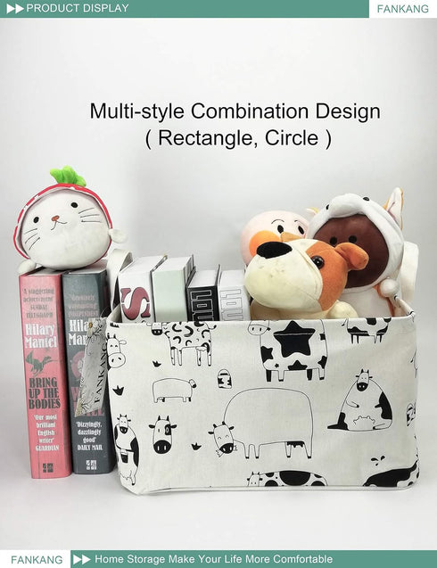 FANKANG Storage Basket, Nursery Hamper Canvas Laundry Basket, Foldable with Waterproof Coating (L, Rec-cows)