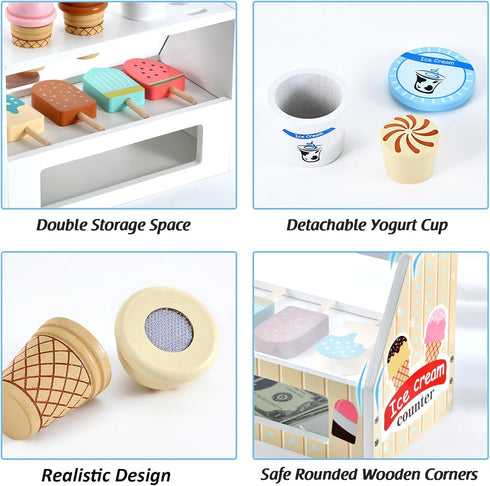 Set 3 4 5 6 WHOHOLL Wooden Ice Cream Toys Kids Play Store Pretend Toy for Toddlers, Play Kitchen Accessories