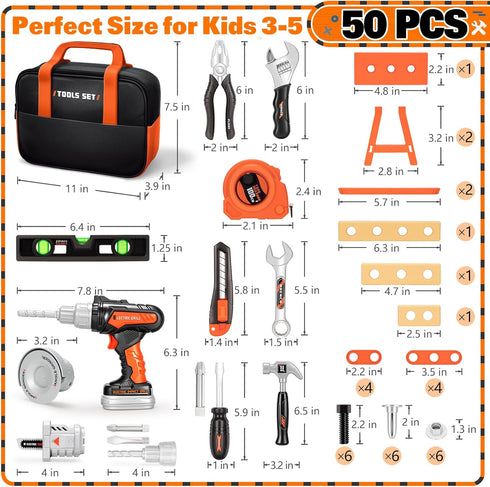 50PCS Set 3 4 5 6 Set, Kids Tool for Boys Ages Years Old - Pretend Play Construction Tool Kits with Portable Tool Bag