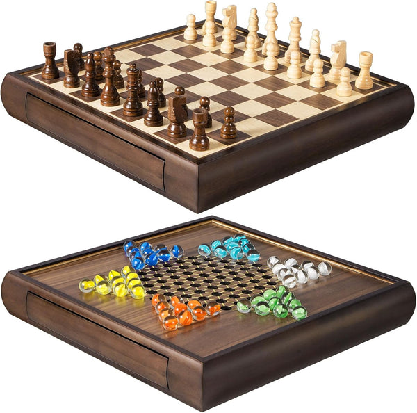 ELONGDI 2 in 1 Magnetic Chess Set & Chinese Checkers 13" Wooden