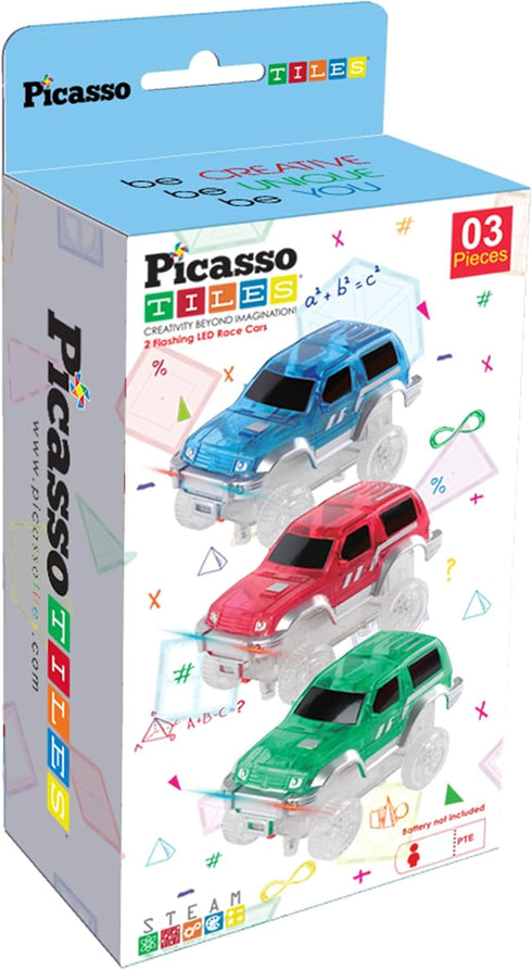 PicassoTiles 3 pcs Magnetic Toy Car Set, Light Up LED Compatible with Magnet Race Track for STEM Building Kits
