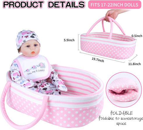 10Pcs 17-22 inch Set Reborn Baby Doll Clothes with Bassinet Blanket Diaper fit Reborn Dolls Cute Pink Baby Doll Clothes