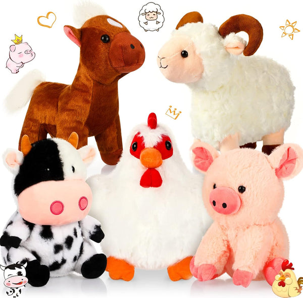5 Pack Farm Plush Animals Set - 10 Inches Soft Stuffed Barnyard Animals Toy for Birthday Party Decoration Supplies
