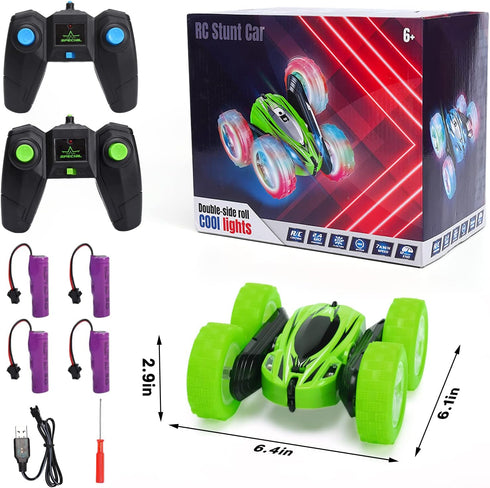 FunsLane 2 Pack 2.4GHz 4WD 360 Remote Control Car Toys for Kids, RC Stunt Cars with Wheel Lights, Drift High Speed Off