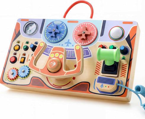 Montessori Busy Board for Toddlers 2-4,Wooden Sensory Steering Wheel Toys with LED