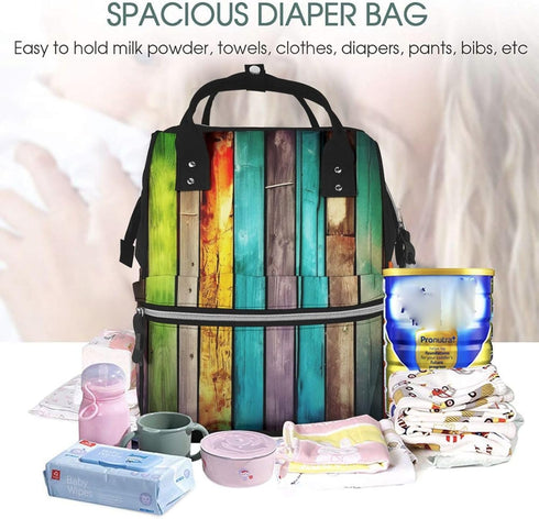 QSMJKLD Backpack Mommy Daypack Colorful Wooden Boards Diaper Bag with Changing Pad, Pacifier Holder - Multifunction