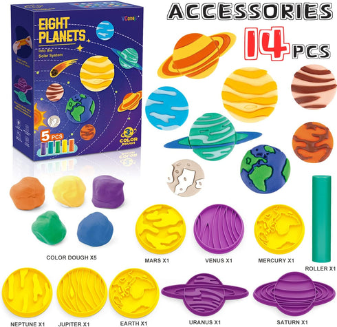 VConejo Color dough Sets for Kids Ages 2-4, Planets Theme Color dough Tool Set for kids ages 4-8, Color Dough Accessories Toys for Ages 5-7 Boys Girls Toddlers 14 piece by VConejo