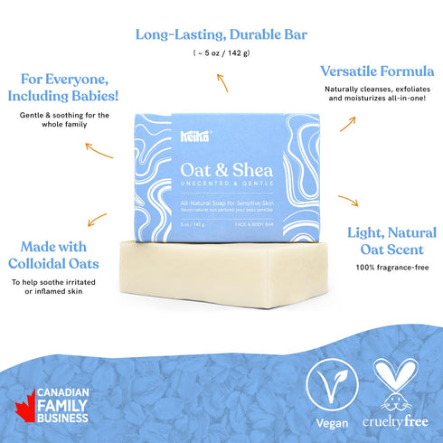 5 oz. Keika Baby Soap Bar Oat & Shea Unscented for Eczema, Psoriasis, Face, Body, Infant Kids Teens Men Women