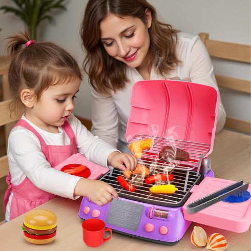 Playset 3-5 4-8 3 4 5 Kids BBQ Grill with Coooking Apron Hat Toddler Girl Pink Kitchen Toy Ages Pretend Smoke Sound