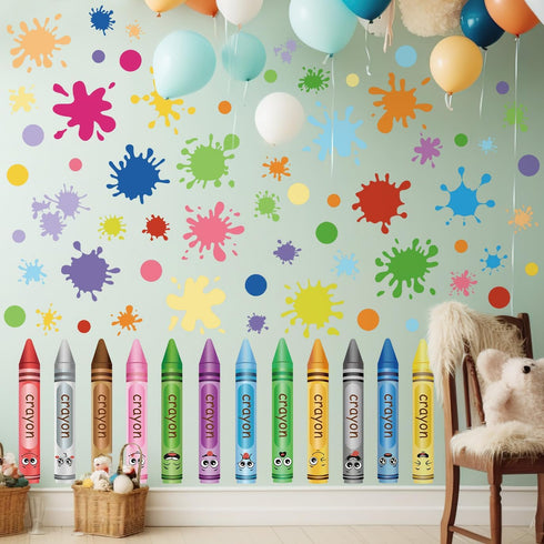 10 Sheets Creative Colorful Crayons Wall Decals Watercolor Ink Splash Dots Pens