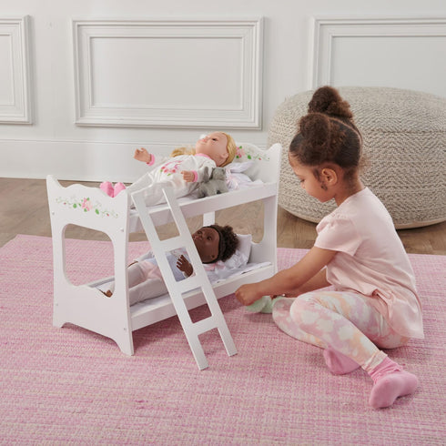 Badger Basket Toy Doll Bunk Bed with White Bedding & Ladder for 20 Inch Dolls - White Rose