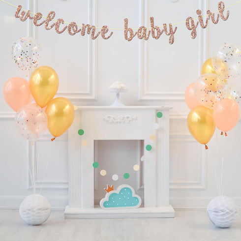 Welcome Baby Girl Banner - Rose Gold Glitter for Baby Shower, Gender Reveal Party Decorations
