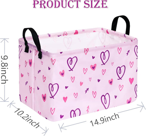 Rectangle Heart Pattern Kids Pink Storage Basket Laundry Clothes Basket Laundry Hamper with Handles,Baby Toys Storage Box and Bins Toys Gift Basket for Boys and Girls