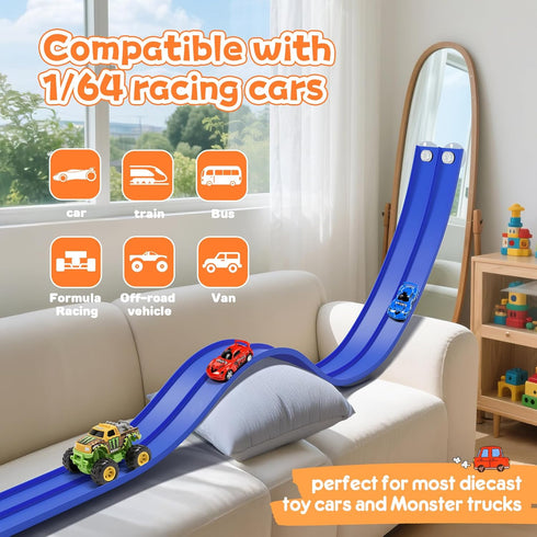 16Ft 2 4 1/64th 3 KETIEE Flex Tracks for Kids: Flexible Race Car Ramp Track with Small Racecars and Suction Cups