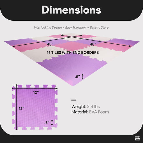 16-Pack 12x12 Inches 0.4-Inch 16 BalanceFrom EVA Interlocking Foam Play Tile Mat, Pink/Purple/Beige Thick Non-Slip