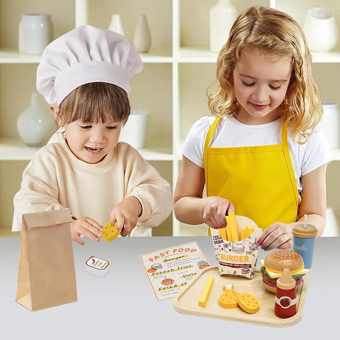 Set Set Wooden Play Fast Food Play Kitchen Accessories, Pretend Play Food Hamburger French Fries Toy, Restaurant Play