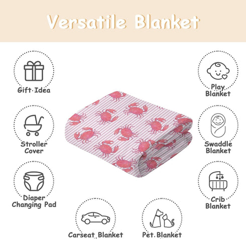 Cstdyfrv Summer 60x80in Watercolor Crab Striped Baby Blankets for Boys Girls Pink Crabs Sea Ocean Coastal Swaddle