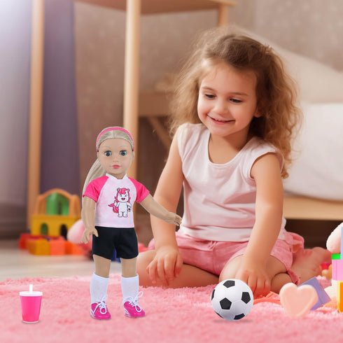 18INDC 18 Inch Set 7PCS Doll Accessories Football Sport - Includes Headband, Tops, Shorts, Shoes, Mini Soccer Ball