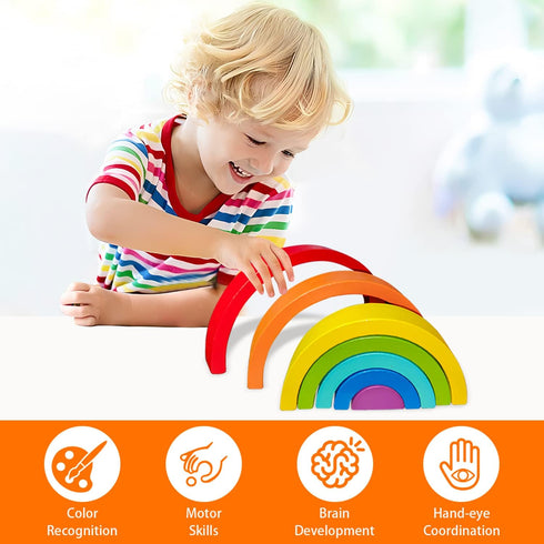Wooden Rainbow Stacking Toy, Montessori Arch Bridge Building Blocks, Colorful Puzzles for Kids 2-5 Years Old, Rainbow