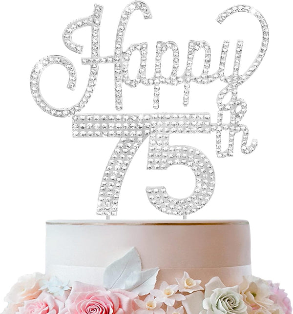 LINGTEER Happy 75th Birthday Silver Rhinestone Cake Topper - Cheers to 75 Years Old Anniversary Party Cake Centerpieces