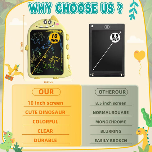 Toddler LCD Writing Tablet, 10 Inch Dinosaur Doodle Board, Educational Travel Toy for Birthday Gift for Boys Girls 2-6