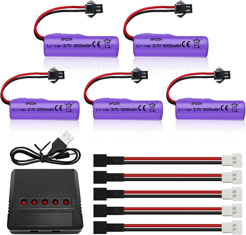 5PCS 3.7V 1000mAh Lipo Battery with 5-IN-1 Charger for RC Toy Car Battery SM-2P Plug for Various RC Cars and Trucks