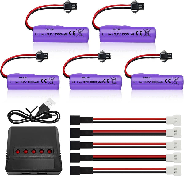5PCS 3.7V 1000mAh Lipo Battery with 5-IN-1 Charger for RC Toy Car Battery SM-2P Plug for Various RC Cars and Trucks
