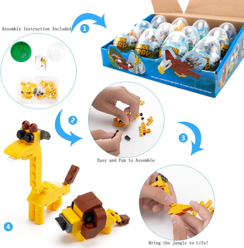 Wild Safari Toys - 12 Surprise Animal Eggs Standard Size Building Blocks STEM Toys - Educational Kids 3D Puzzle Party