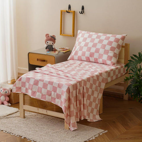 Set 4 Set Set KAREVER Grid Toddler Bedding Pink White Checkered Pieces Crib Bed Kids Pliad Comforter