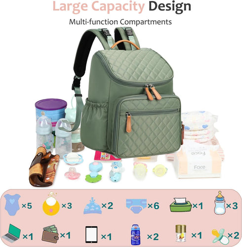 Backpack LORADI Lightweight Diaper Bag with Stroller Clips, Insulated Pockets, Baby Shower Essentials (Classic, Green)