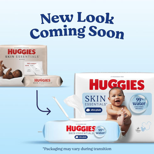 99% 10 Packs (560 Huggies Skin Essentials Baby Wipes, Hypoallergenic, Water, Flip Top Wipes Total)