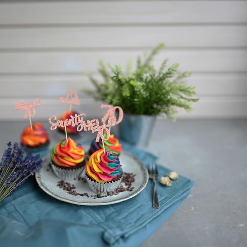 Gyufise 24Pcs Rose Gold Glitter 70th Birthday Cupcake Toppers, Hello 70 Seventy Cake Picks for Birthday Decorations