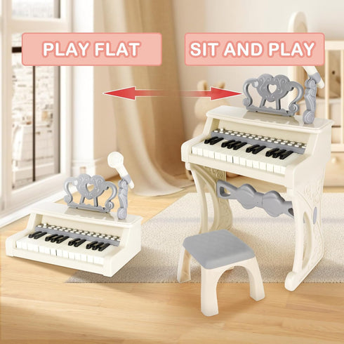deAO Piano Toy Keyboard for Kids, 25 Keys Music Instrument with Microphone, Birthday Gift for Girls, White