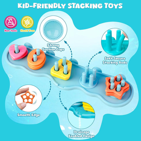 JoiTale Set, Baby Bath Toys, Mould Free Silcone Shape Sorting & Stacking Bath Toy No Hole No Mold Silicone Color