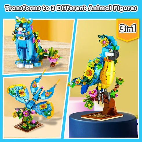 3 1 Set, 412 6 7 8 9 10 11 12+ INSOON in Flower Cat Parrot Butterfly Building Animal Figures Building Toy for Home