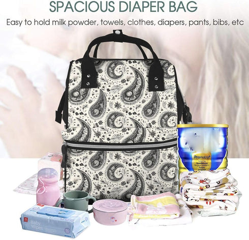 TZTTZT Backpack, Mommy Black White Paisley Pattern Print Diaper Bag Toddler Baby Girl Boy Diaper Bag for Mom Dad, Bags