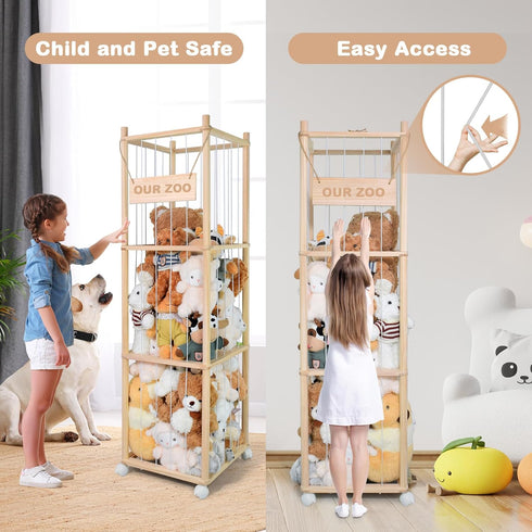 BENCHRY Bedroom-54 Inch Stuffed Animal Storage, Wooden Cute Zoo Toy Holder with Brake Wheels, Space Save Toy Organizer