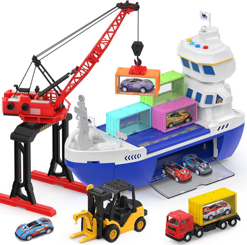 CUTE STONE 2-in-1 Toy Boat & Tower Crane Playset, Cargo Ship with