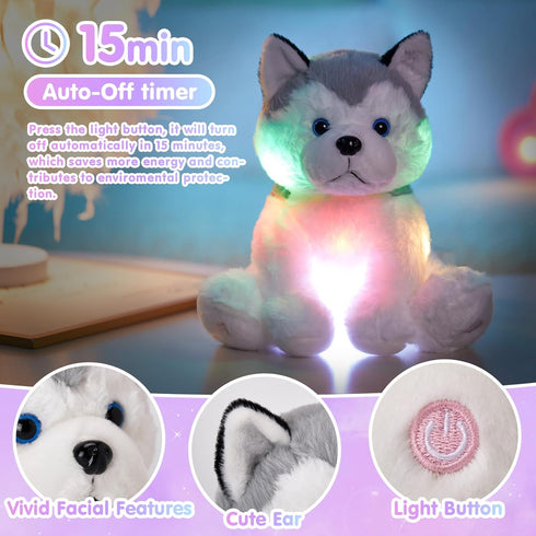 Houwsbaby 12'' Gray Light Up Husky Stuffed Animal Dog, Floppy LED Plush Toy Puppy Night Lights Glow Pillow for Kids