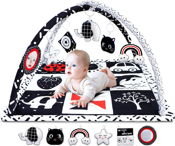 Poycuna Black and White Baby Gym Play Mat with 6 Toys Tummy