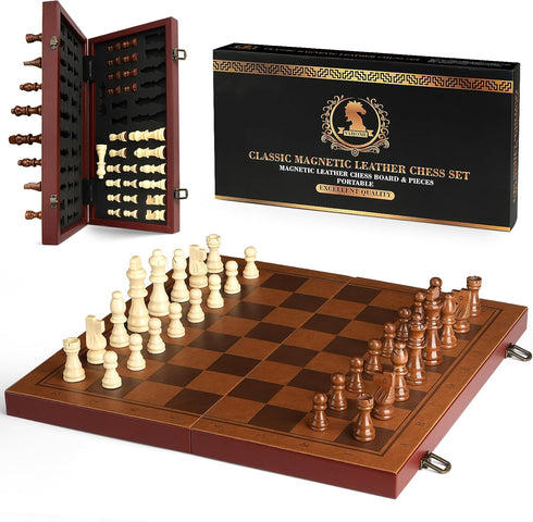Set 15.4" Strong Magnetic Chess for Adults & Kids, Leather Chess Board & Handcrafted Wooden Chess Pieces with Storage