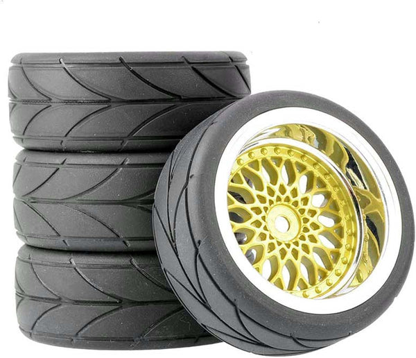 4PCS/Set 64mm Rubber Tires & Plating Plastic Wheels Rims for 1/10 RC On-Road Touring Car Racing (Gold, Offset 9mm)